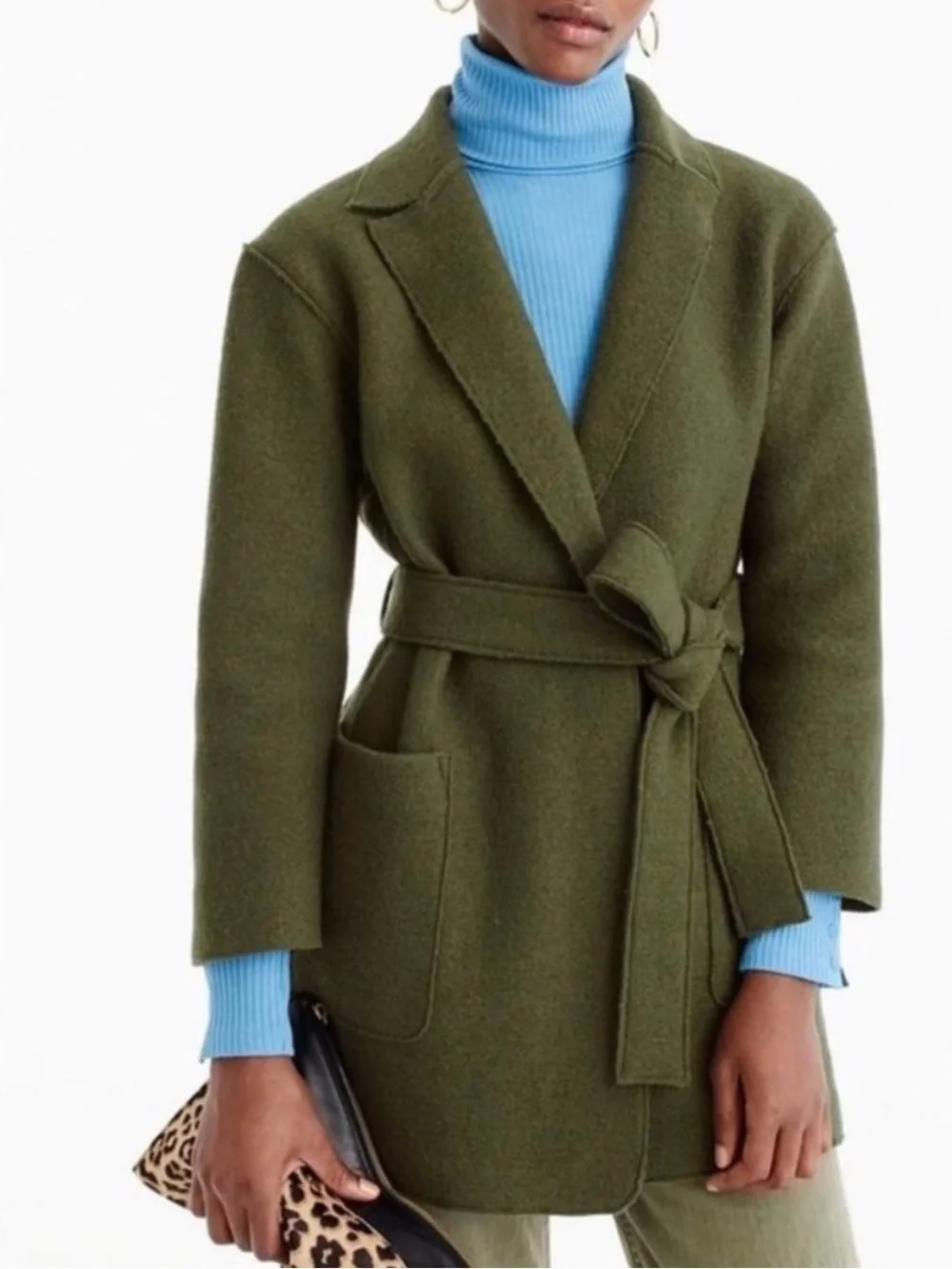 J. Crew Olive Moss Green Boiled Wool Warm Wrap Blazer Coat w Tie Belt Petite XS